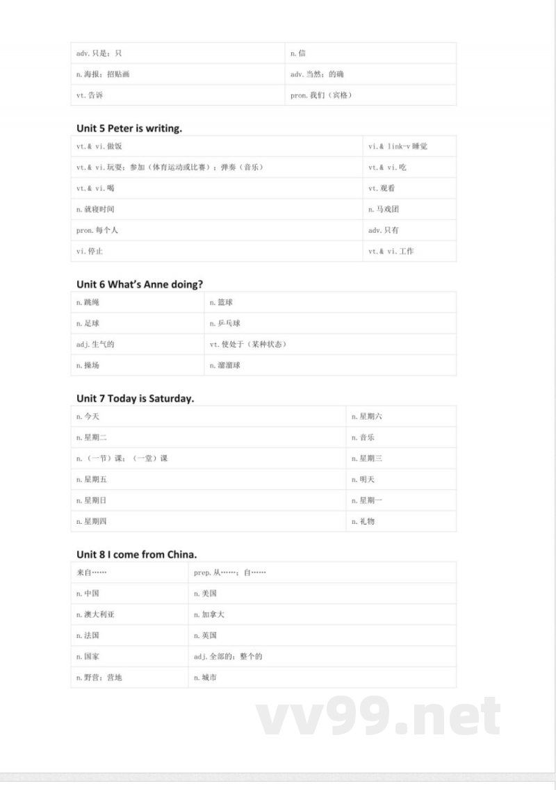 湘少版英语四年级下册单词默写表