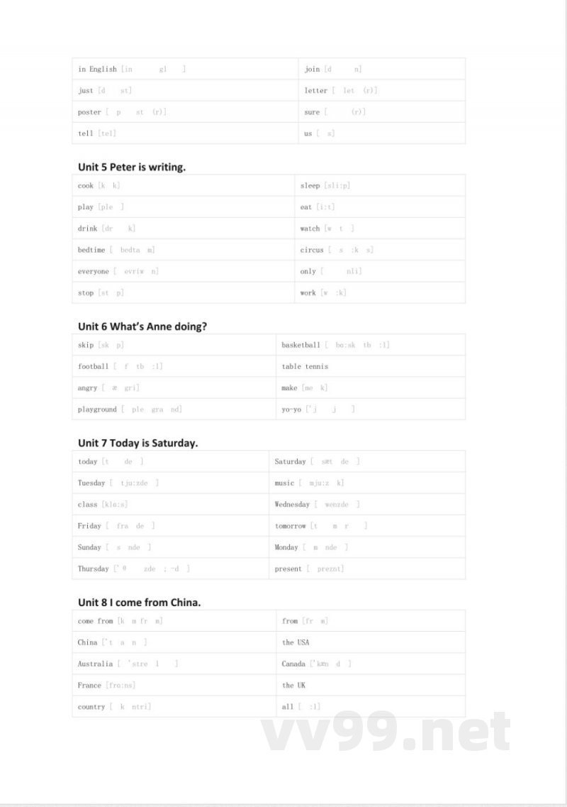湘少版英语四年级下册单词默写表