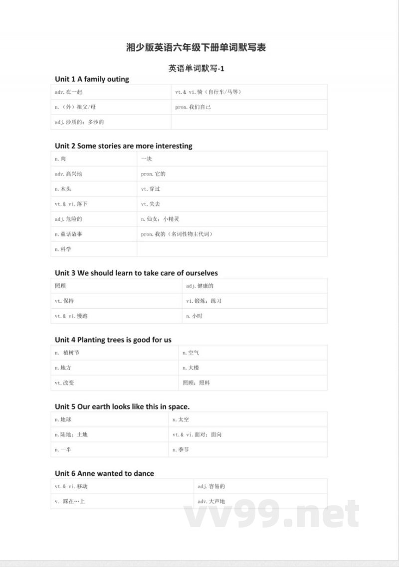 湘少版英语六年级下册单词默写表