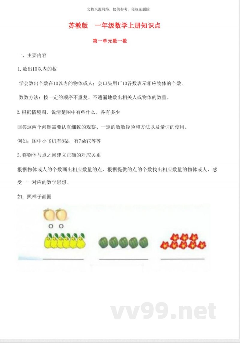 苏教版 一年级数学上册知识点