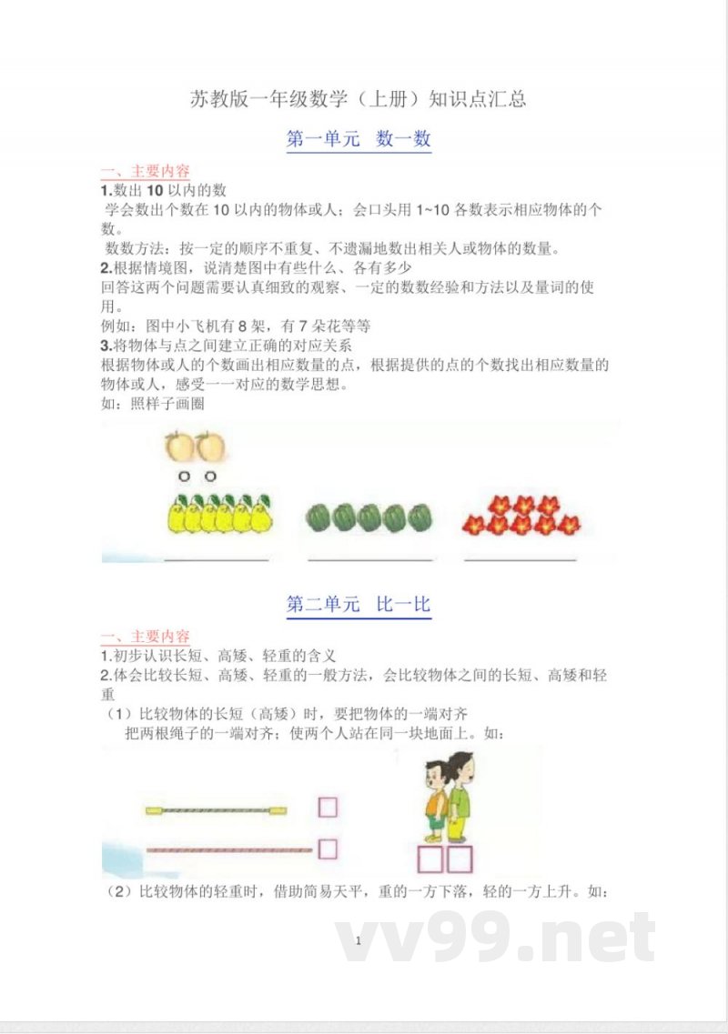 苏教版一年级数学(上册)知识点汇总 苏教版一年级数学(上册)知识点汇总