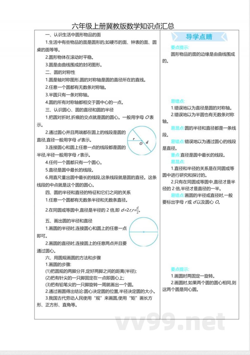六年级上册 冀教版数学知识点汇总