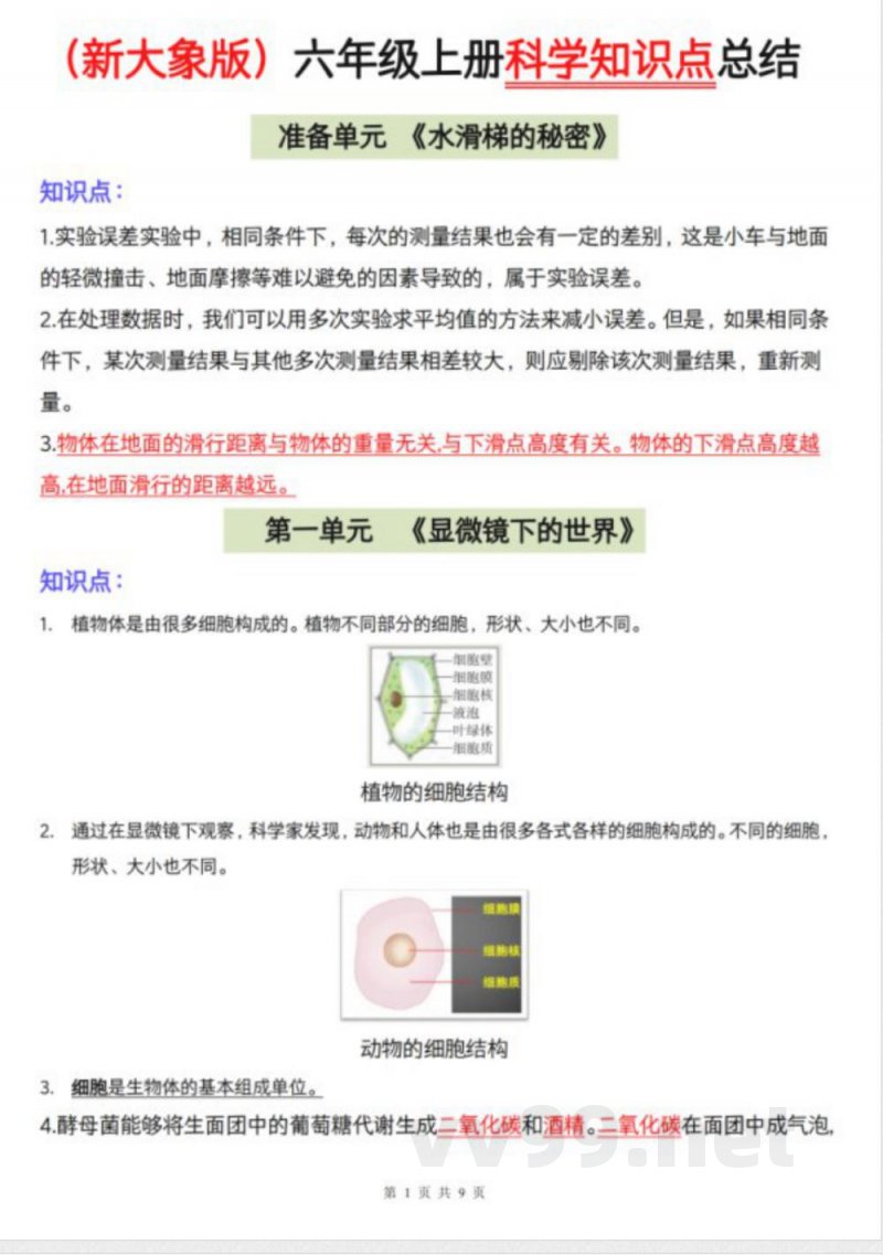 【科学】（新大象版）六年级上册科学知识点总结