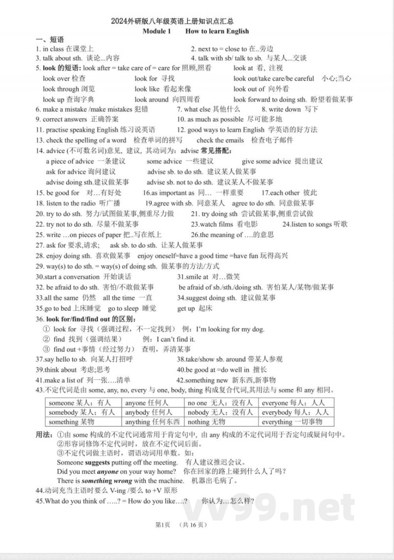 2024外研版八年级英语上册知识点汇总