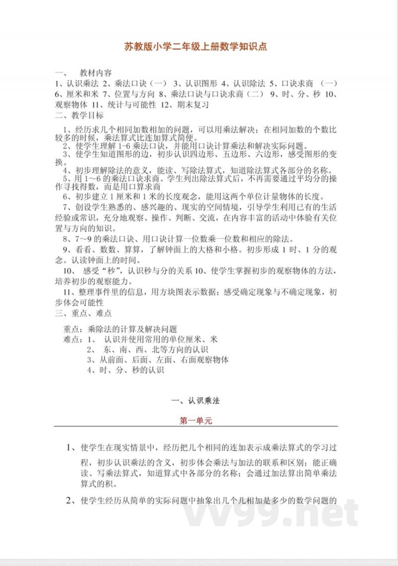 数学苏教版二年级上册知识点 数学苏教版二年级上册知识点