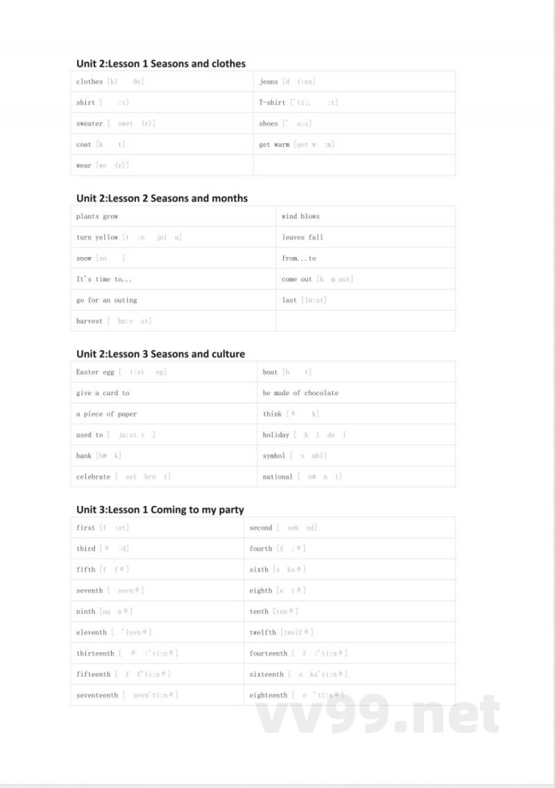 川教版英语五年级下册单词默写表