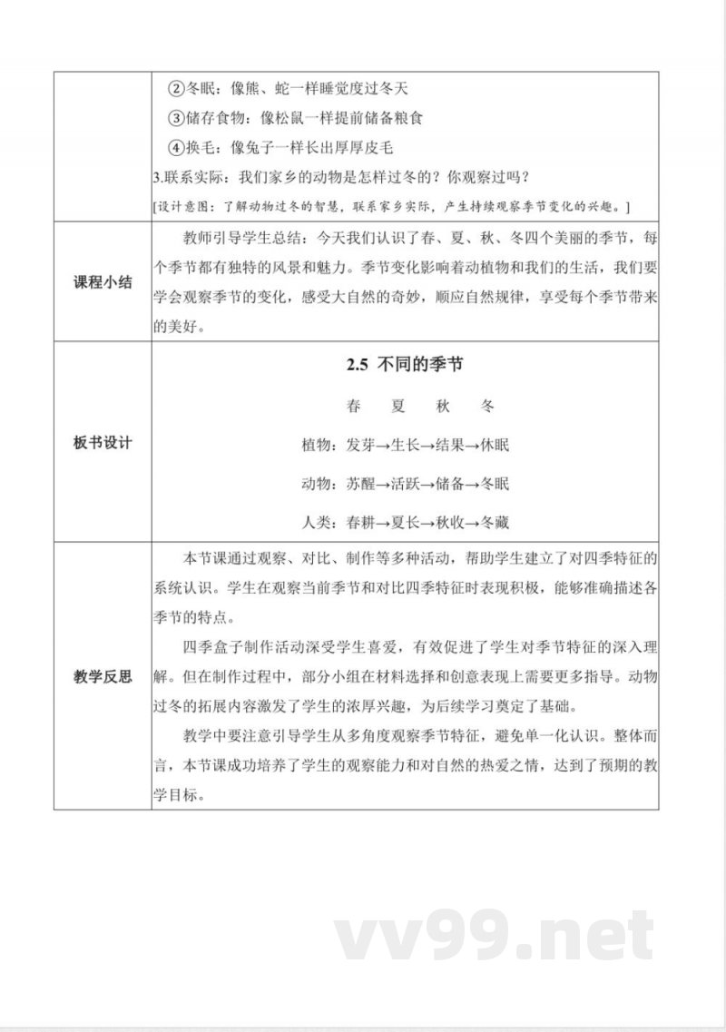 2.5 不同的季节（教学设计）科学教科版二年级上册2025