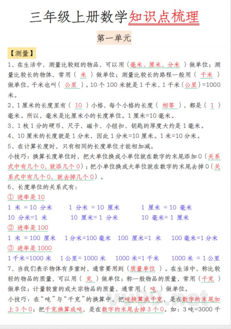三年级上册数学知识点梳理 三年级上册数学知识点梳理