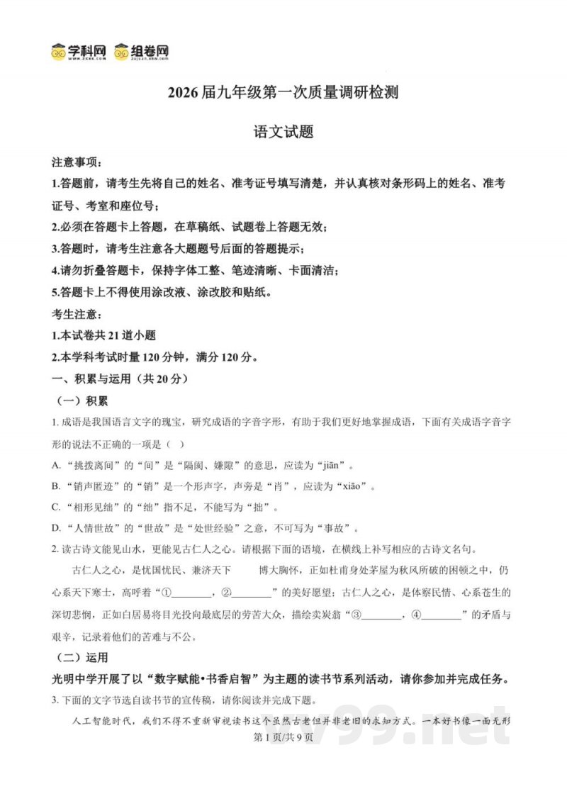 湖南省长沙市附中集团2025-2026学年九年级上学期开学考试语文试题（原卷加解析）