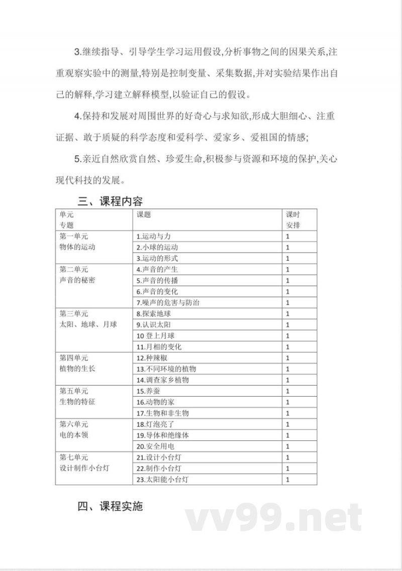 青岛版小学四年级下册科学课程纲要