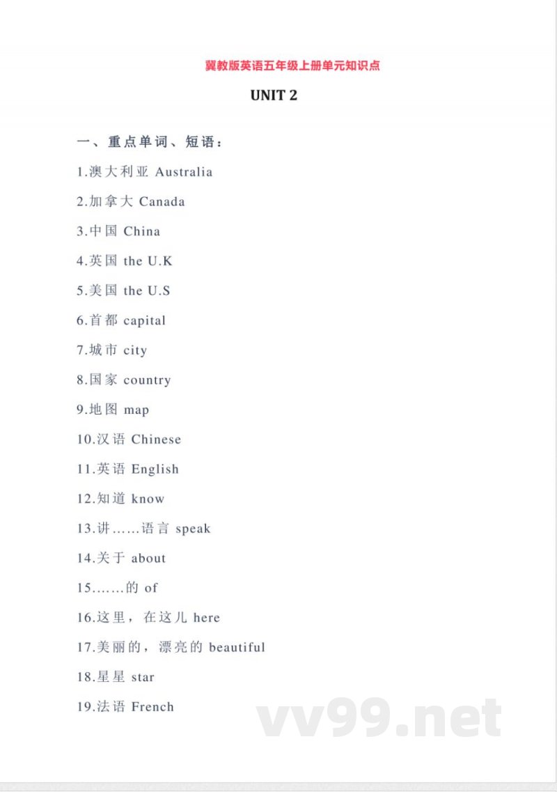 冀教版英语五年级上册Unit2单元知识点