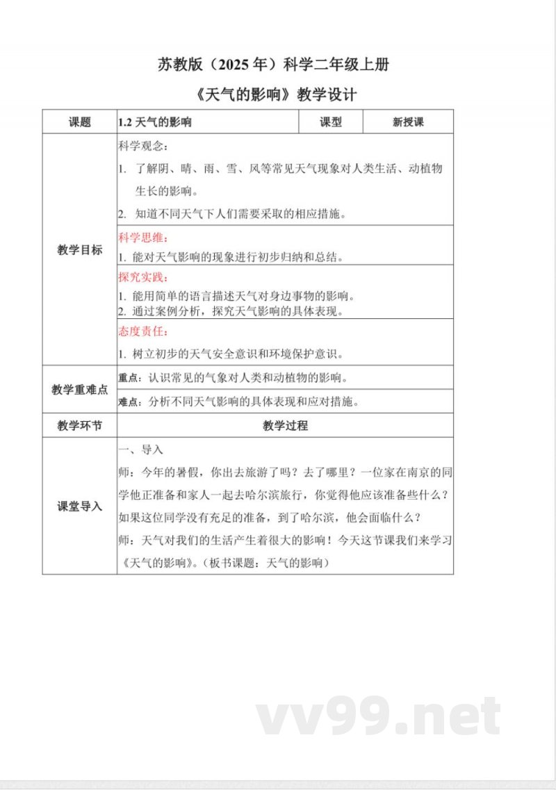 1.2 天气的影响(教学设计)科学苏教版二年级上册 1.2 天气的影响(教学设计)科学苏教版二年级上册