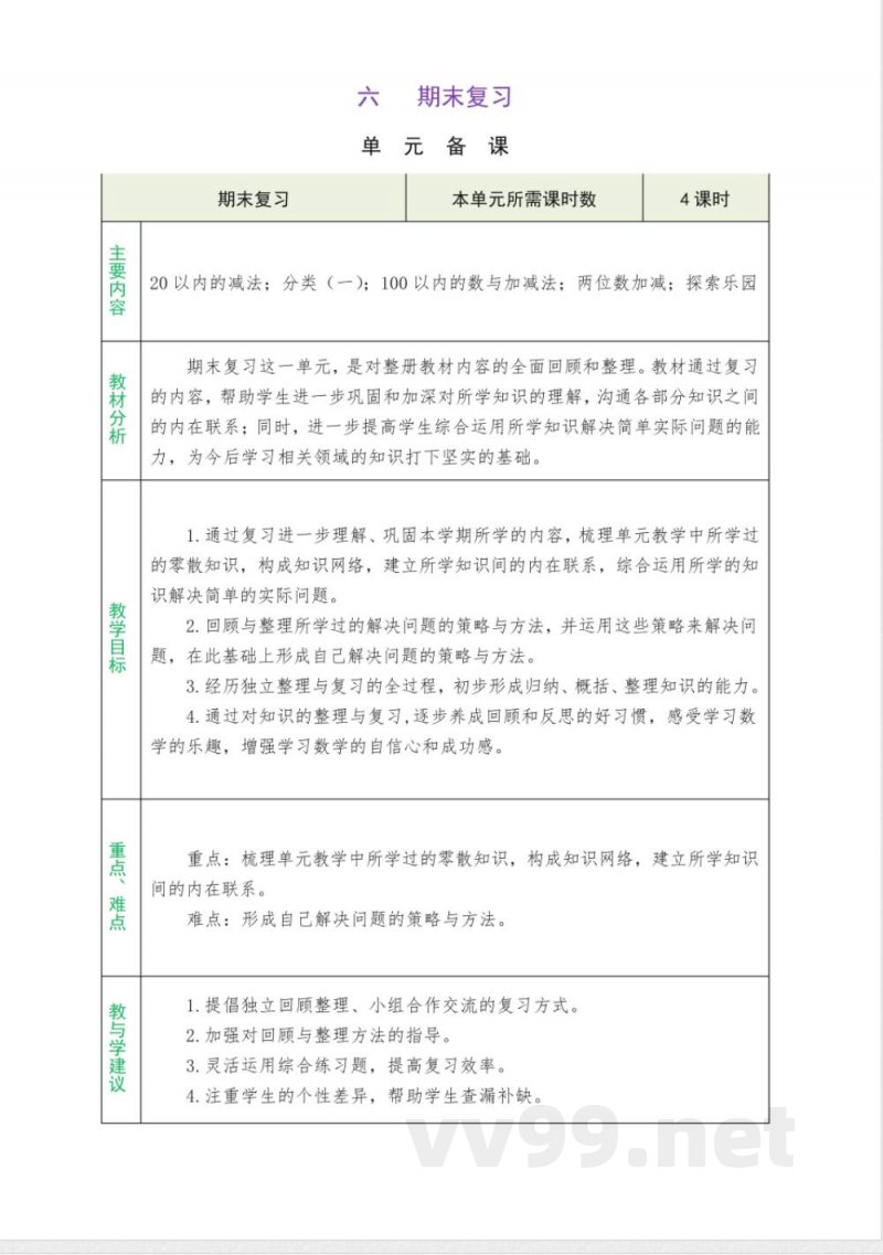 六 期末复习(教案)冀教版数学一年级下册
