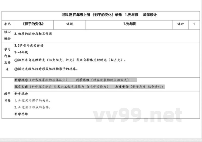 3.1光与影 教学设计 湘科版科学四年级上册 3.1光与影 教学设计 湘科版科学四年级上册