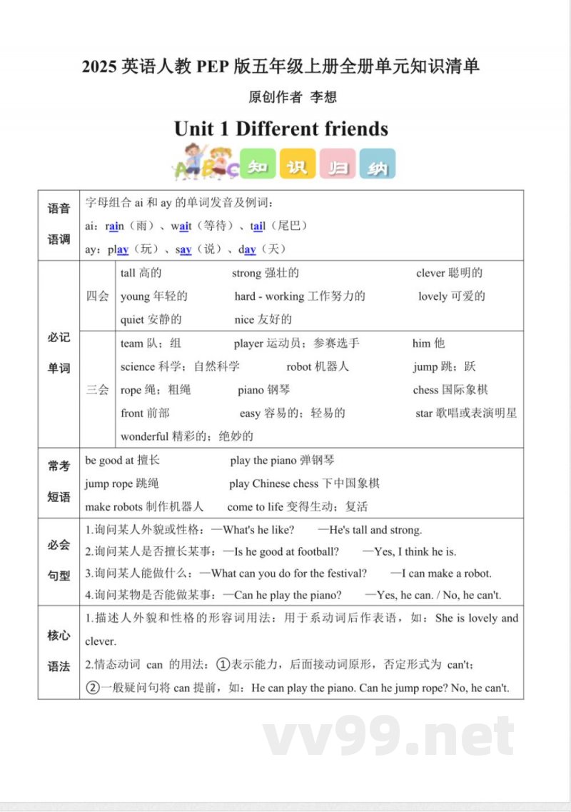 2025英语人教PEP版五年级上册全册单元知识清单