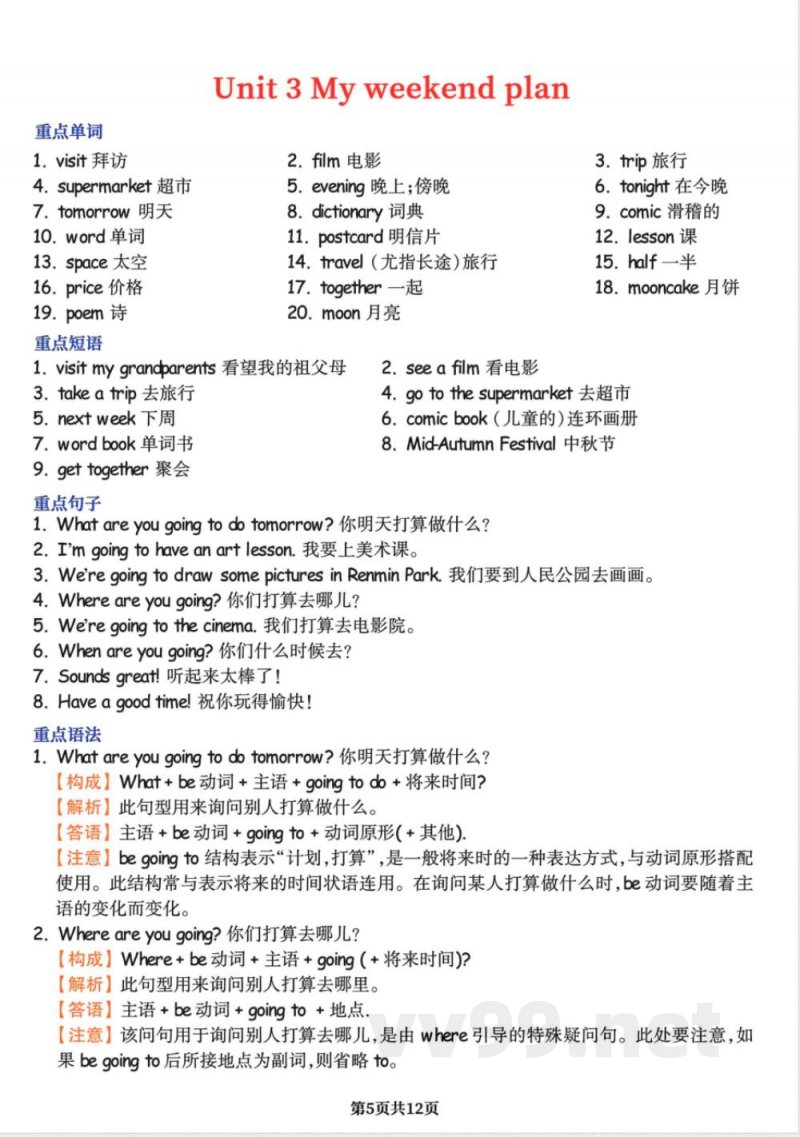 人教PEP小学六年级上册英语单元知识点总结