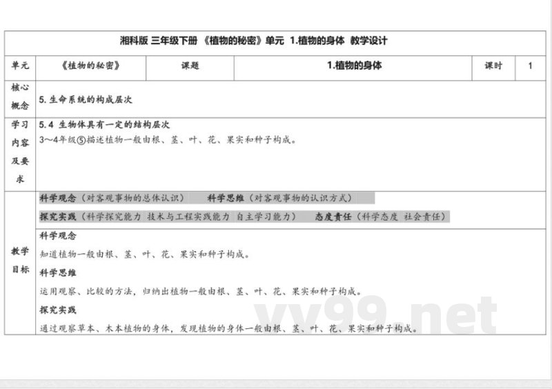 4.1植物的身体 教学设计 湘科版科学三年级下册