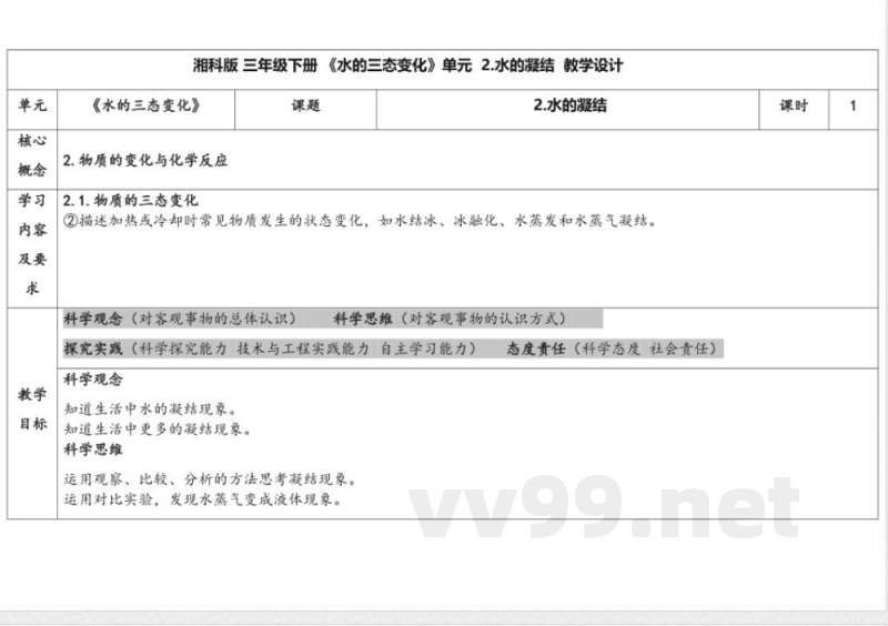 2.2水的凝结 教学设计 湘科版科学三年级下册