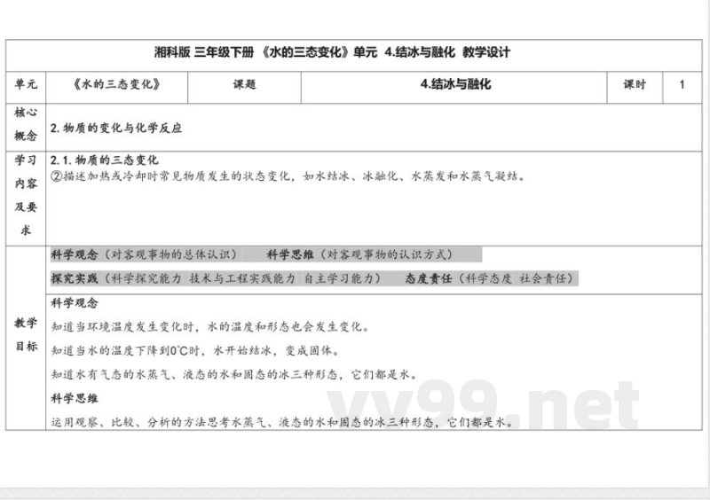 2.4结冰与融化 教学设计 湘科版科学三年级下册