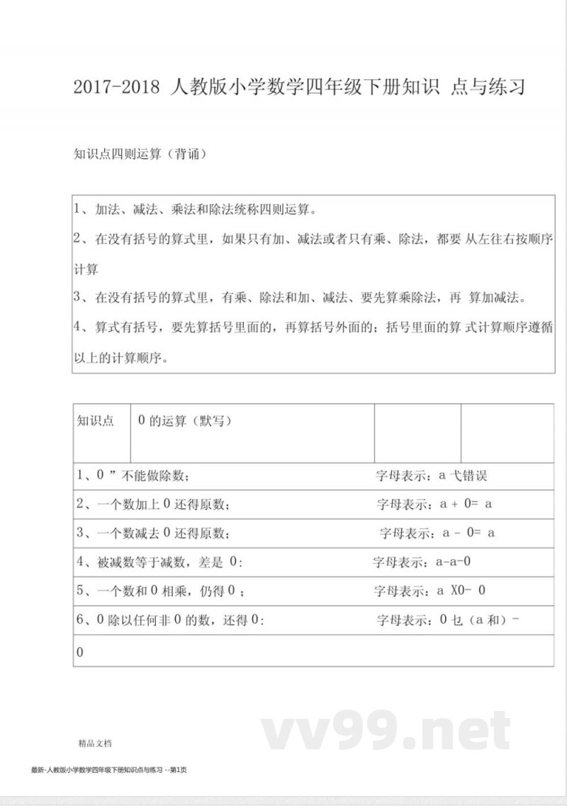 人教版小学数学四年级下册知识点与练习 人教版小学数学四年级下册知识点与练习
