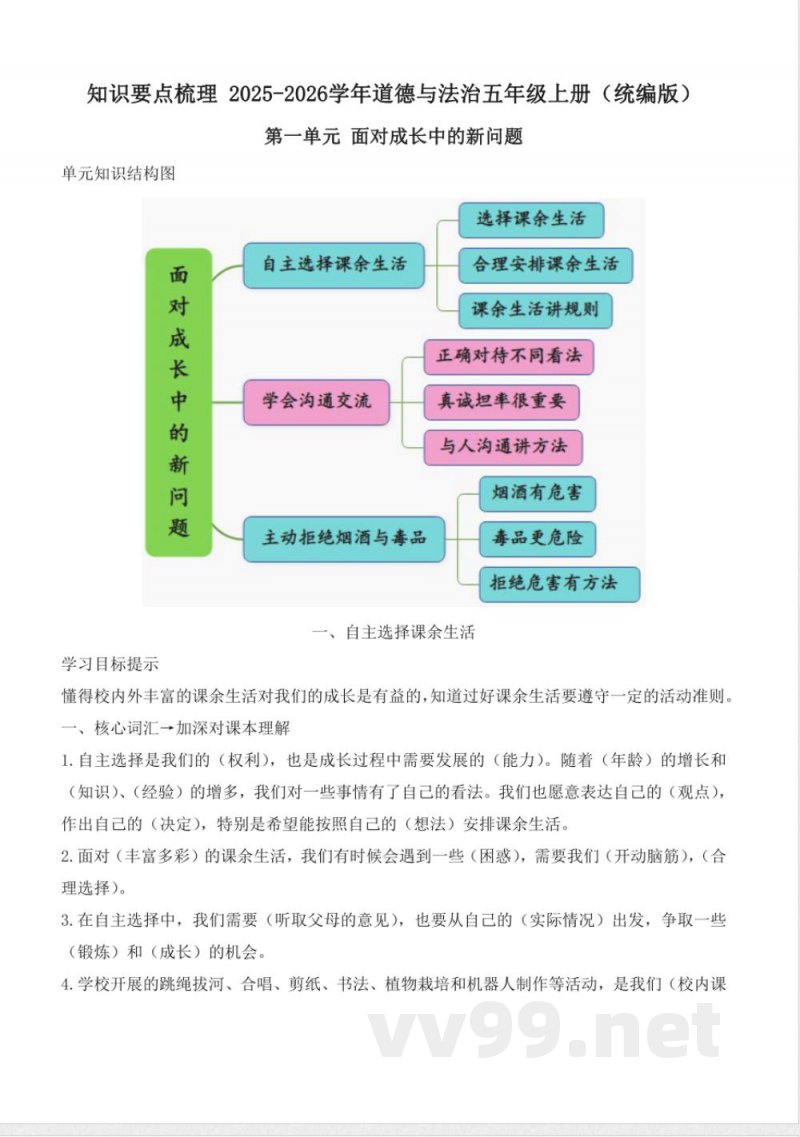 第一单元 面对成长中的新问题（知识清单） 道德与法治统编版五年级上册