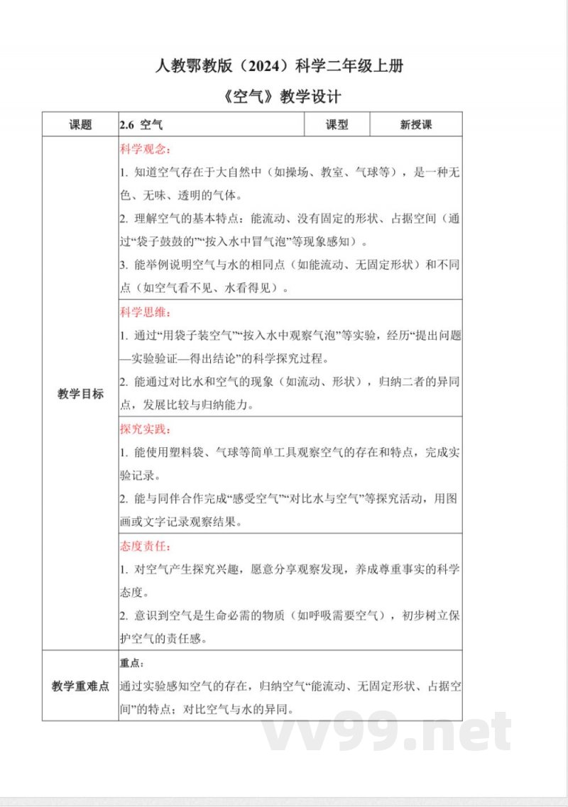 2.6 空气（教学设计）科学人教鄂教版二年级上册2025
