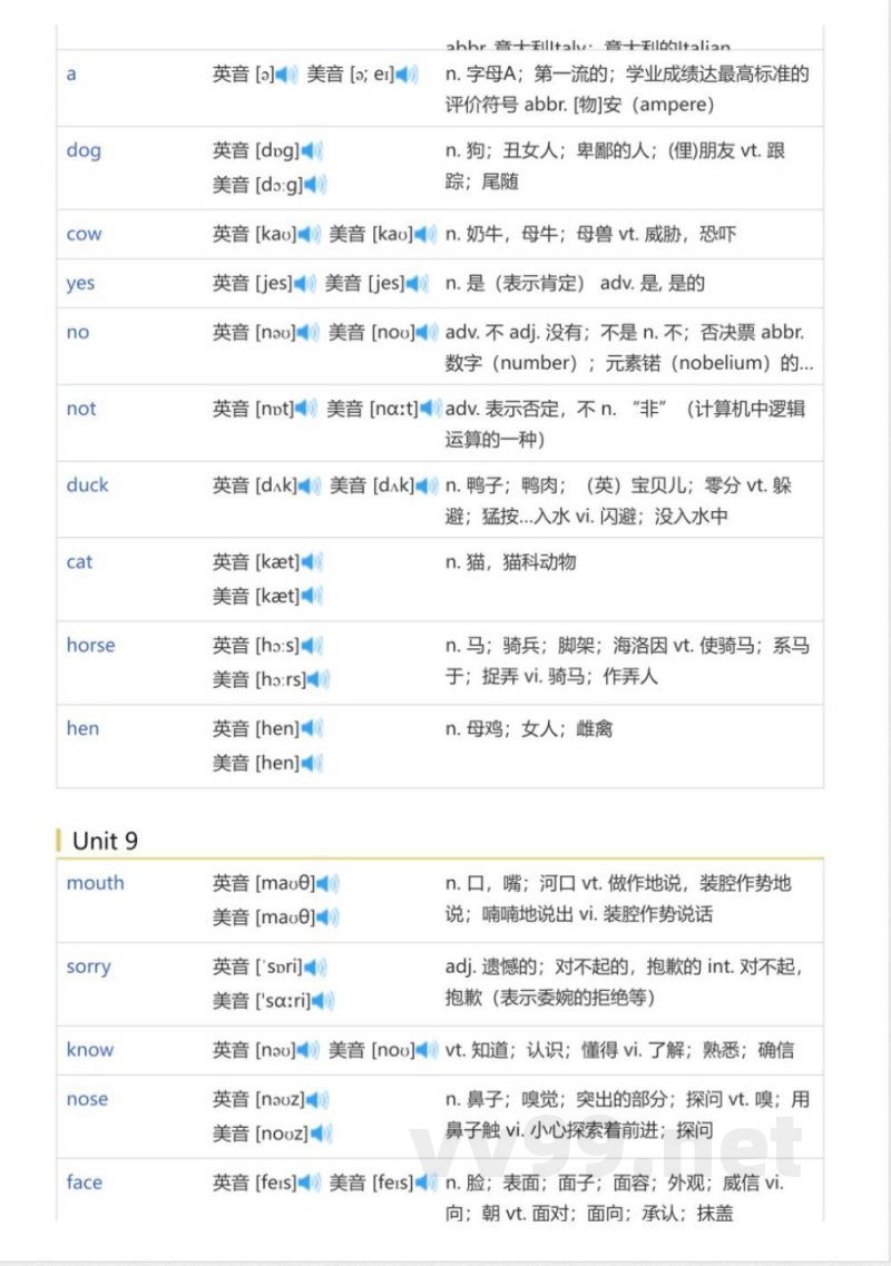 湘少版三年级起点小学英语三年级上（英语单词表）