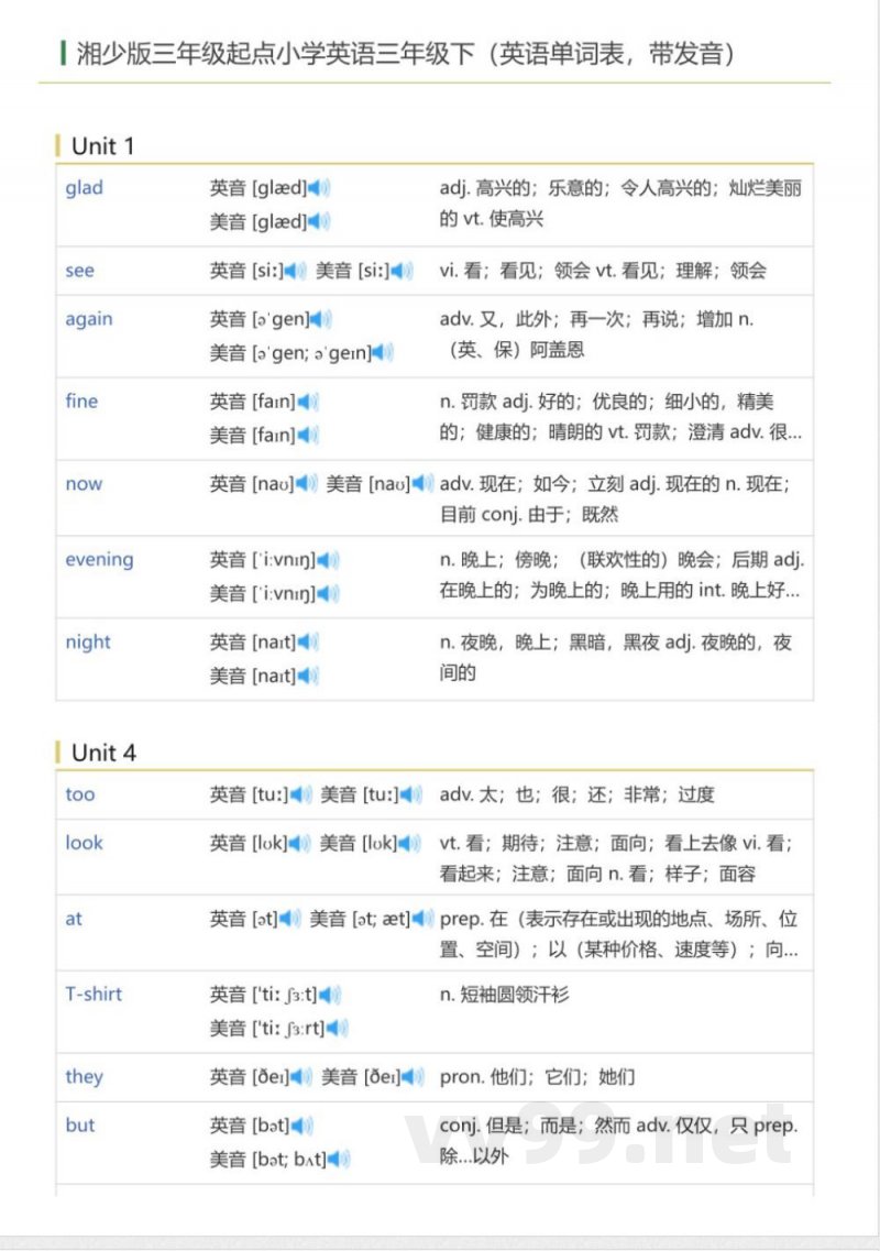 湘少版三年级起点小学英语三年级下(英语单词表) 湘少版三年级起点小学英语三年级下(英语单词表)