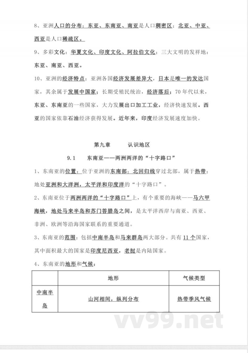 晋教版地理七年级下册知识点汇总