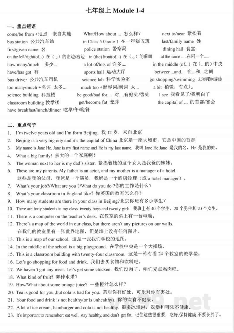 2024外研版英语七年级上册复习知识点