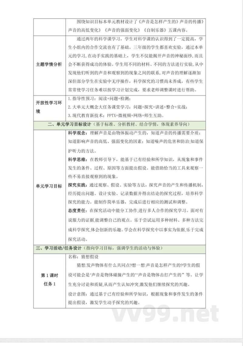 第五单元《奇妙的声音》单元整体设计 大象版科学三年级上册 第五单元《奇妙的声音》单元整体设计 大象版科学三年级上册