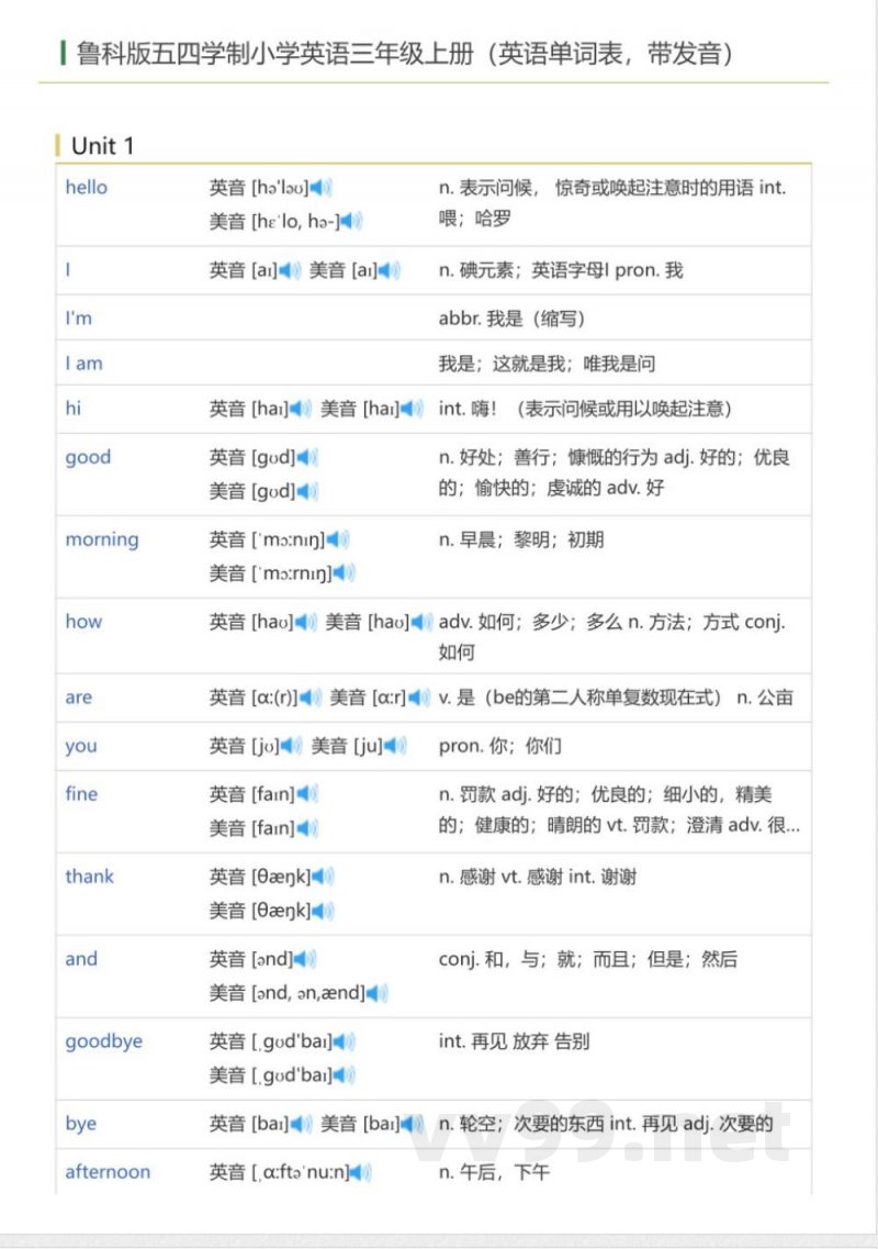 鲁科版五四学制小学英语三年级上册（英语单词表）