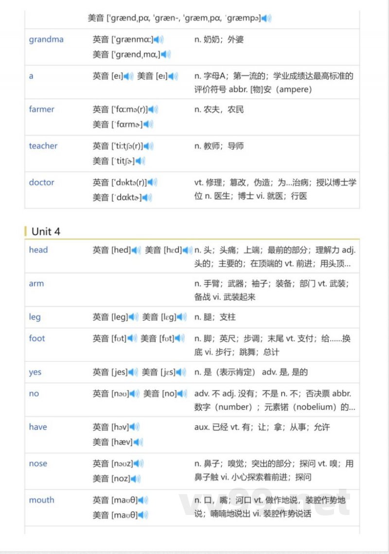 鲁科版五四学制小学英语三年级上册（英语单词表）