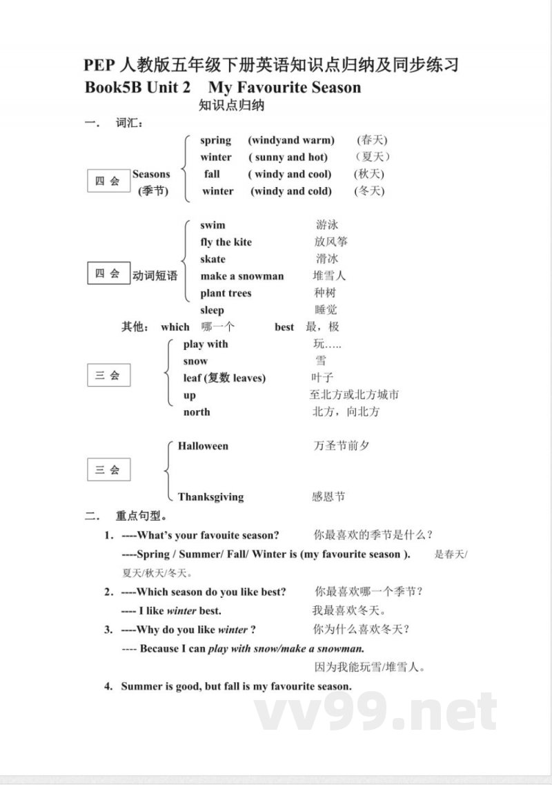 人教PEP版五年级下册英语Unit2知识点归纳及同步练习