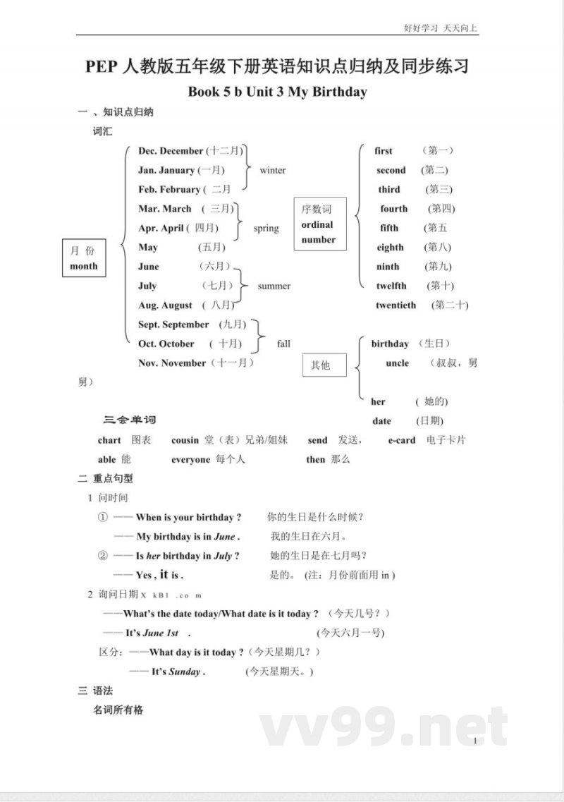 人教PEP版五年级下册英语Unit3知识点归纳及同步练习