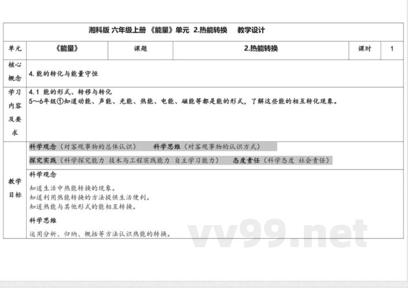 3.2热能转换 教学设计 湘科版科学六年级上册 3.2热能转换 教学设计 湘科版科学六年级上册