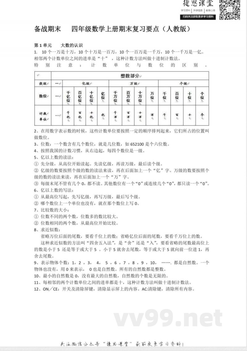 四年级上册数学人教版知识要点