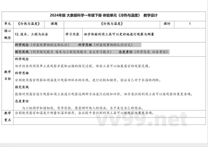体验单元《冷热与温度》 教学设计 大象版科学一年级下册