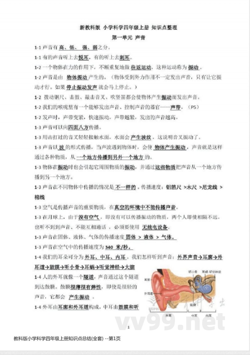 教科版小学科学四年级上册知识点总结(全套)