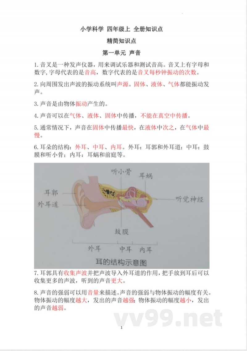 教科版小学四年级上册科学素材期末知识点总结资料