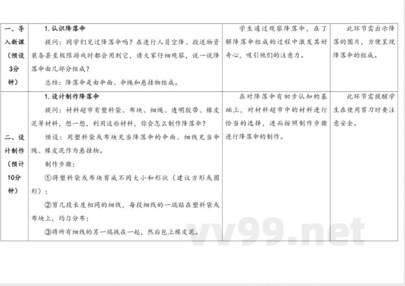准备单元 《降落伞》 教案 大象版科学四年级下册