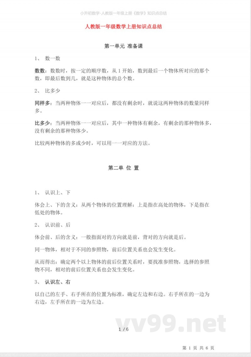 小升初数学-人教版一年级上册《数学》知识点总结 小升初数学-人教版一年级上册《数学》知识点总结