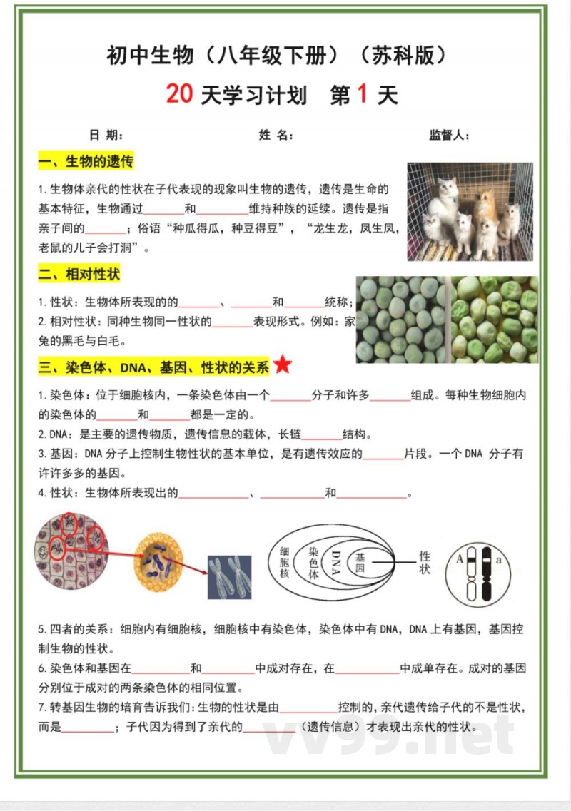 苏科版八年级下册生物20天计划doc