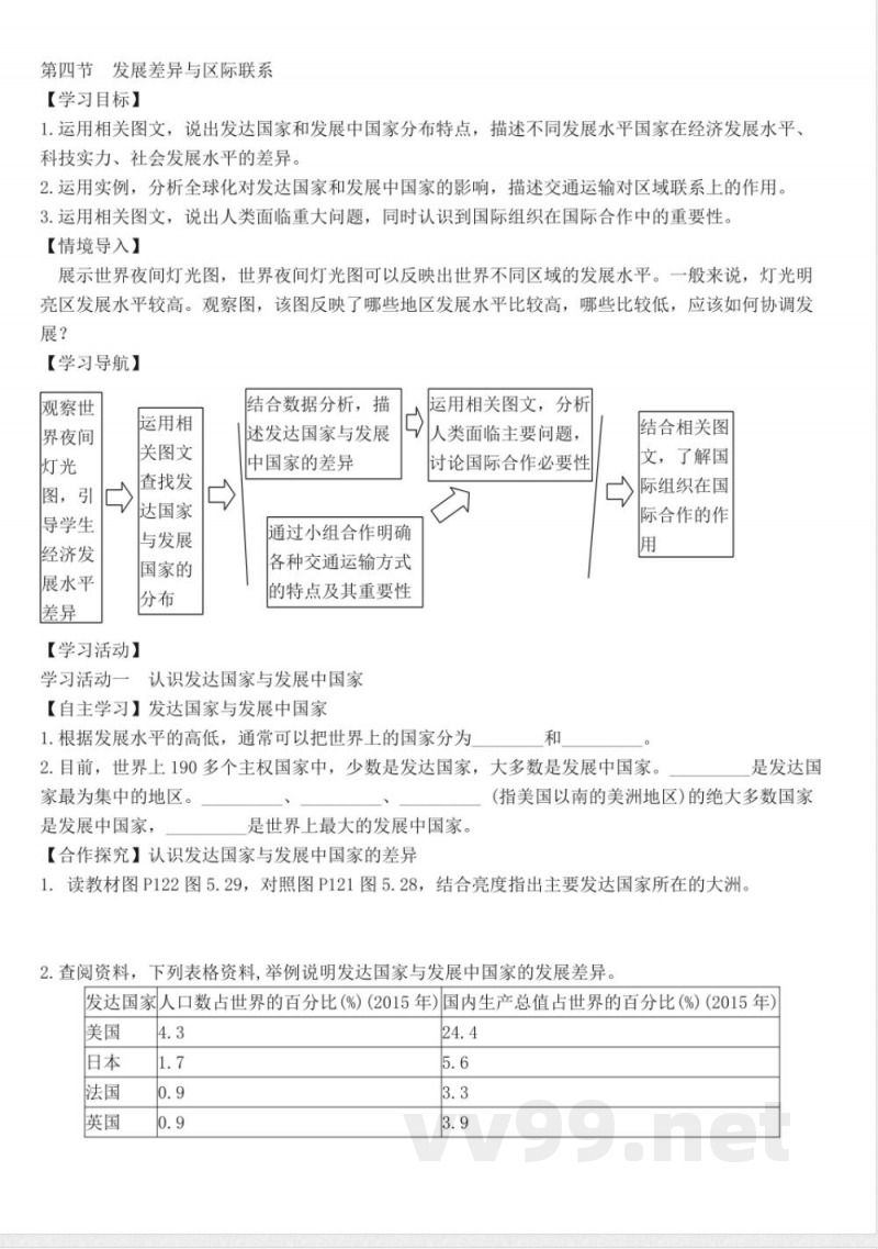 5.4--发展差异与区际联系-学案(含答案)--地理商务星球版七年级上册