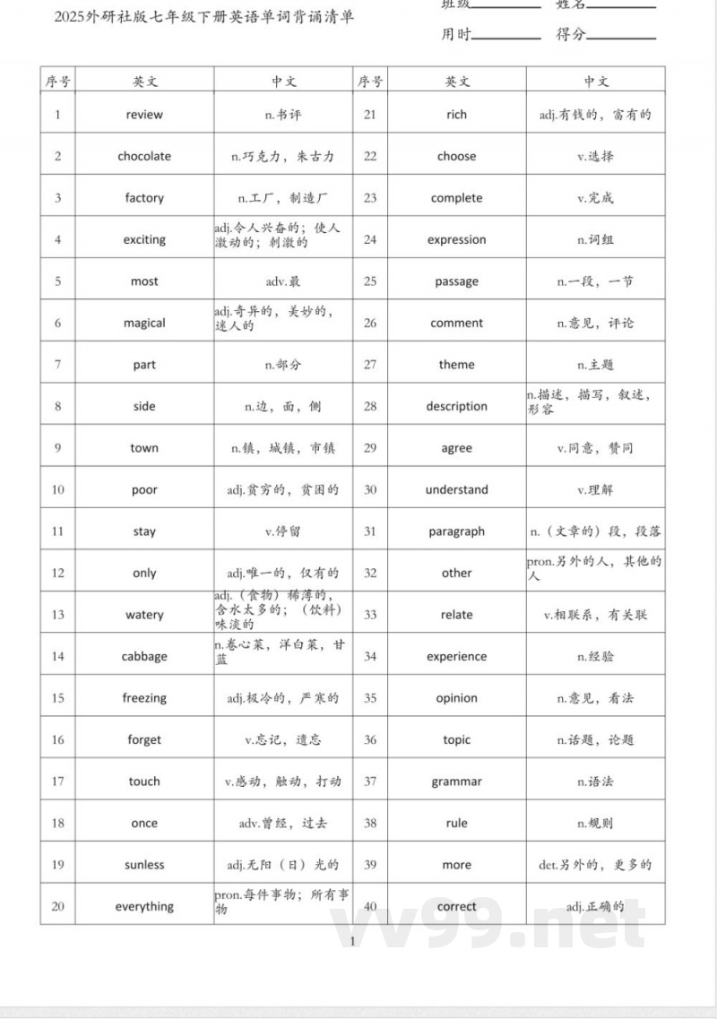 外研版（2025）七年级下册英语单词背诵清单
