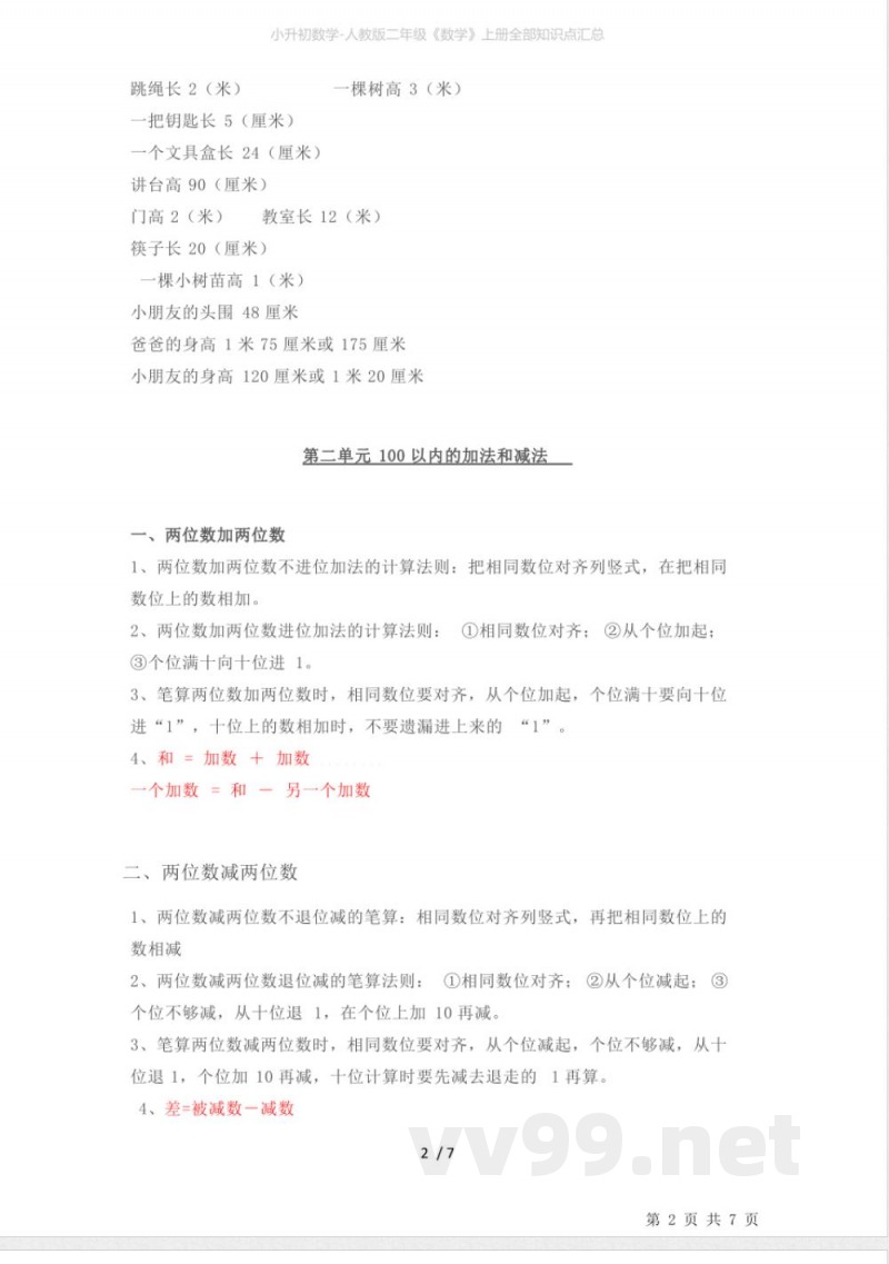 小升初数学-人教版二年级《数学》上册全部知识点汇总