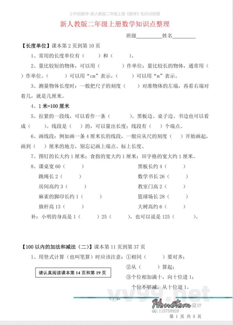 小升初数学-新人教版二年级上册《数学》知识点梳理 小升初数学-新人教版二年级上册《数学》知识点梳理