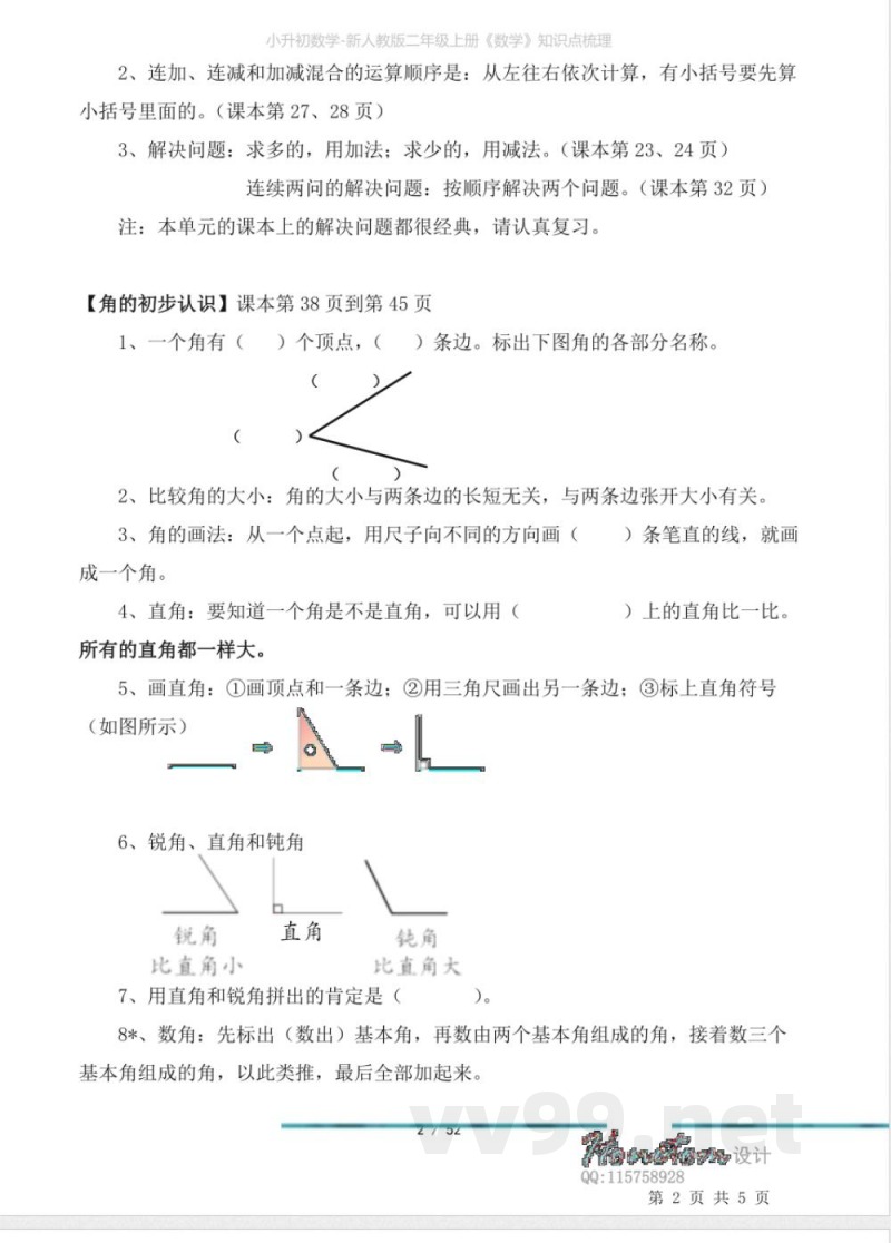 小升初数学-新人教版二年级上册《数学》知识点梳理 小升初数学-新人教版二年级上册《数学》知识点梳理