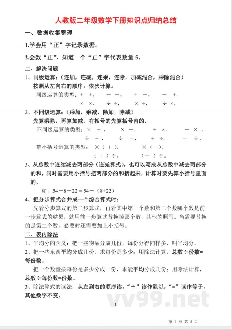 小升初数学-人教版二年级《数学》下册知识点归纳总结 小升初数学-人教版二年级《数学》下册知识点归纳总结