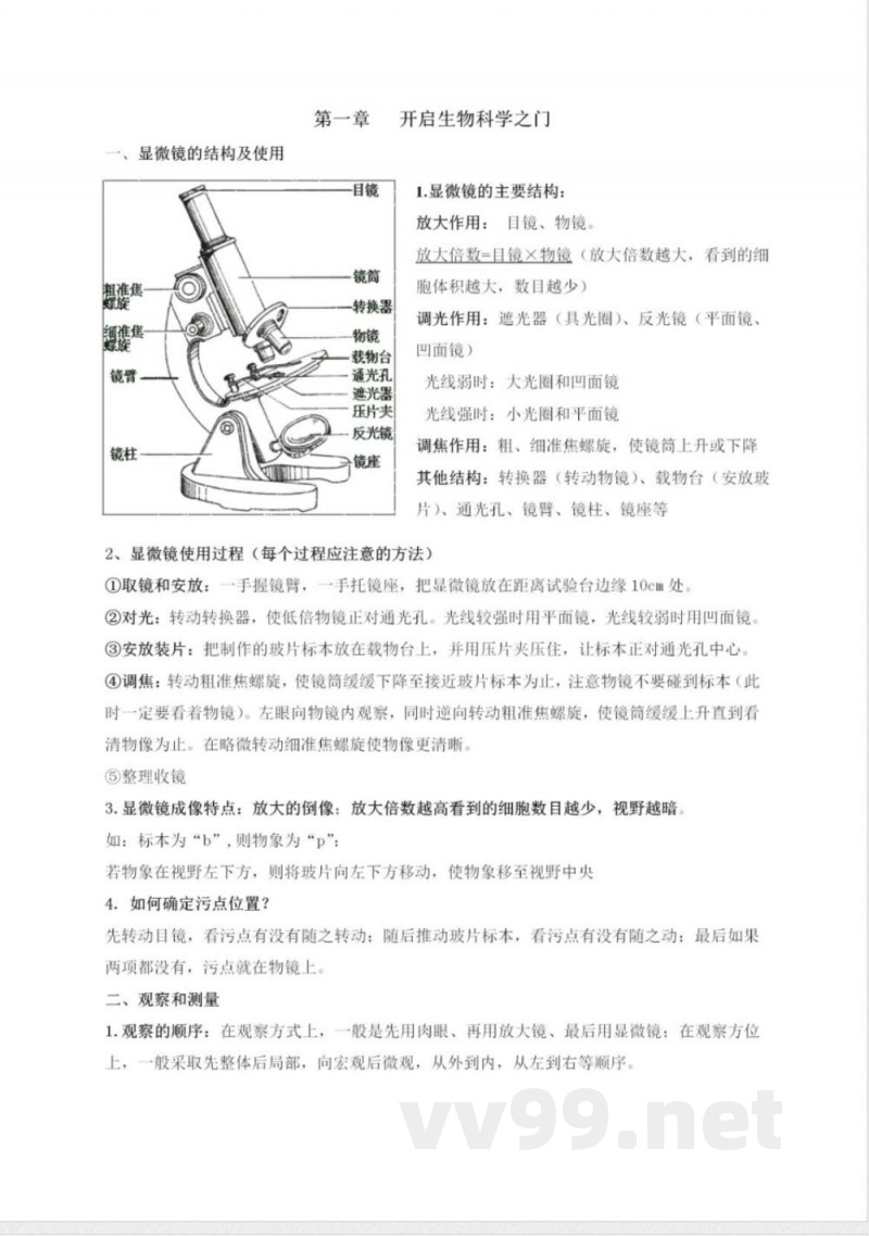 冀少版初中生物七年级上册知识梳理